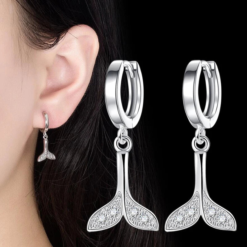 KOFSAC New 925 Sterling Silver Earrings For Women Shiny Zircon Mermaid Tail Ear Jewelry Girl Valentine's Day Accessories Gifts