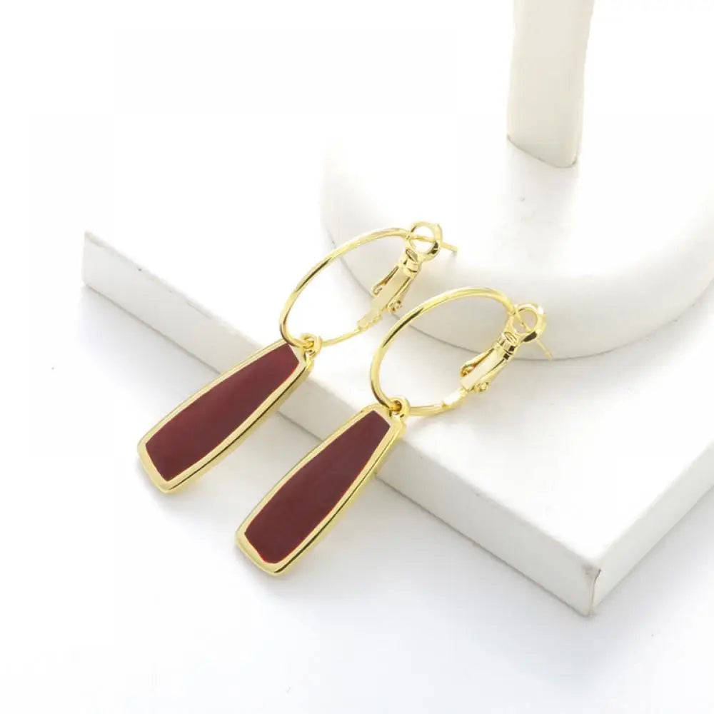 Korean Temperament Metal Texture Retro Style Charm Hoop Eariings For Women Girl Enamel Geometric Red Water Drop Shape Earrings