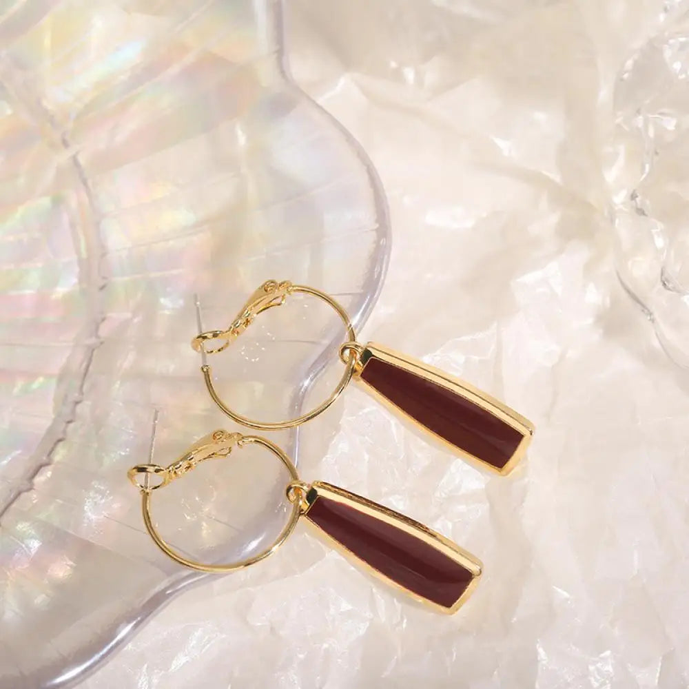 Korean Temperament Metal Texture Retro Style Charm Hoop Eariings For Women Girl Enamel Geometric Red Water Drop Shape Earrings