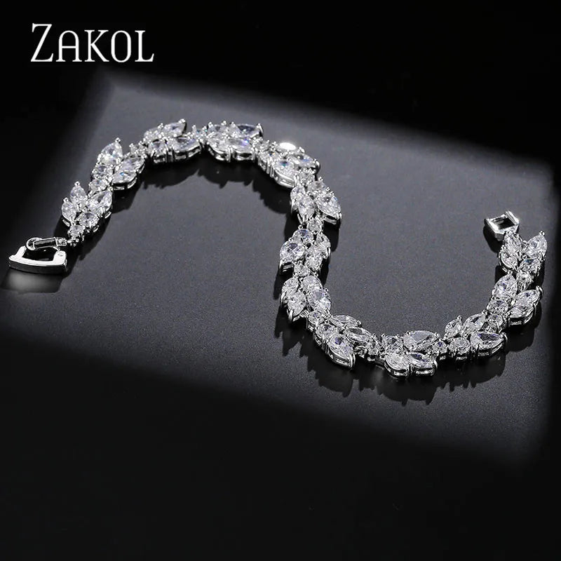 ZAKOL Fashion Cubic Zirconia Leaf Bracelets Bangles for Women Fashion White Plant Bracelet Girl Wedding Party Jewelry