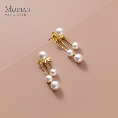 MODIAN Real 925 Sterling Silver Charm Pearl Drop Earrings Fashion Gold Color Swing Dangle Eari For Women Fine Female Jewelry