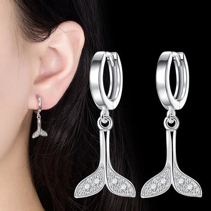 KOFSAC New 925 Sterling Silver Earrings For Women Shiny Zircon Mermaid Tail Ear Jewelry Girl Valentine's Day Accessories Gifts