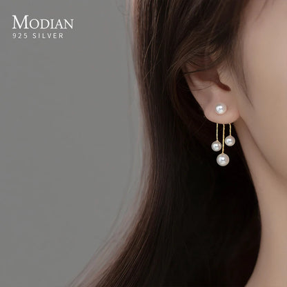 MODIAN Real 925 Sterling Silver Charm Pearl Drop Earrings Fashion Gold Color Swing Dangle Eari For Women Fine Female Jewelry