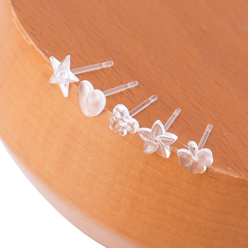 20pcs/Lot Star Flower Heart Shape Resin Transparent Hypoallergenic Stud Earring Post With Eariing Back Ear Studs For Girls Women