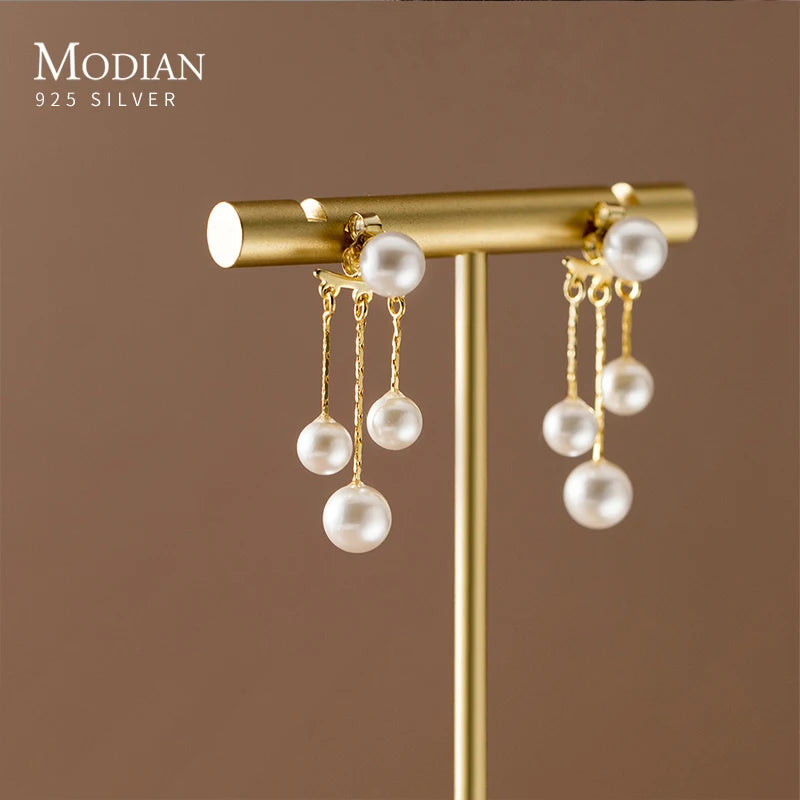 MODIAN Real 925 Sterling Silver Charm Pearl Drop Earrings Fashion Gold Color Swing Dangle Eari For Women Fine Female Jewelry