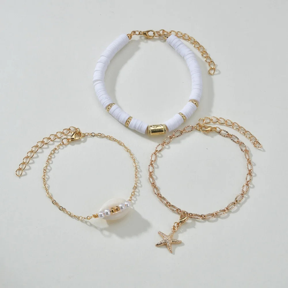 2022 Summer Beach Bohemia Soft Polymer White Beaded Bracelet Women Gold Color Link Chain Starfish Shell Bracelet for Women XY-01