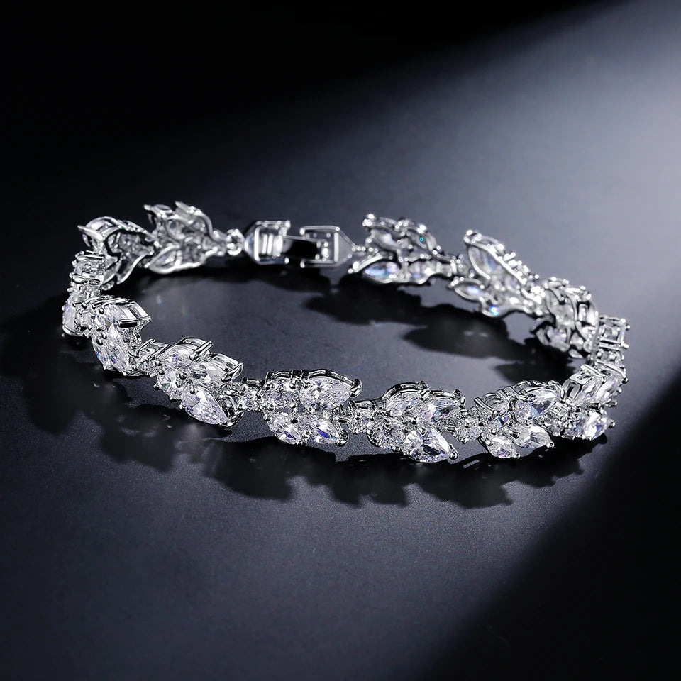 ZAKOL Fashion Cubic Zirconia Leaf Bracelets Bangles for Women Fashion White Plant Bracelet Girl Wedding Party Jewelry