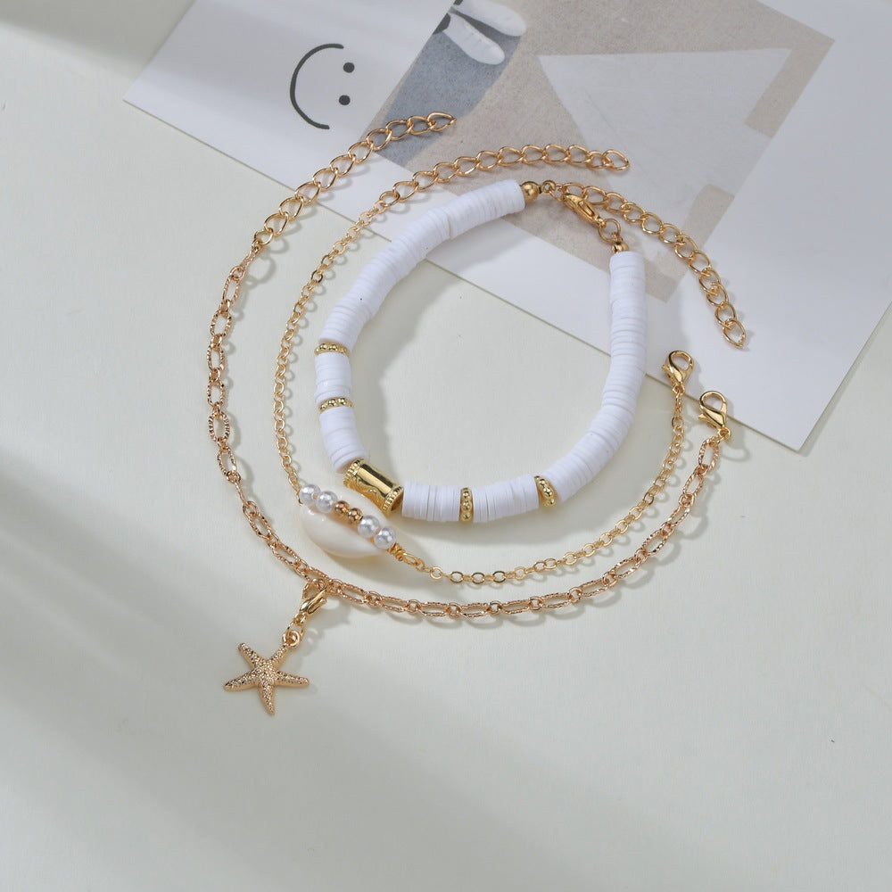 2022 Summer Beach Bohemia Soft Polymer White Beaded Bracelet Women Gold Color Link Chain Starfish Shell Bracelet for Women XY-01