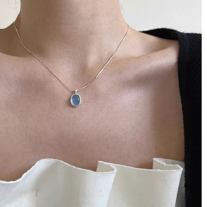 Sea Blue Moonstone Necklace Dainty Fashion Sanke Chain Gemstone Pendant Party Wedding Dating Necklaces Jewelry Gifts for Her