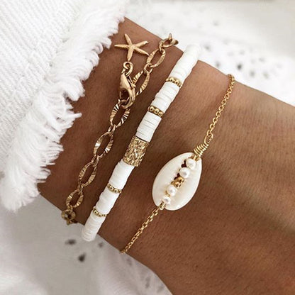 2022 Summer Beach Bohemia Soft Polymer White Beaded Bracelet Women Gold Color Link Chain Starfish Shell Bracelet for Women XY-01