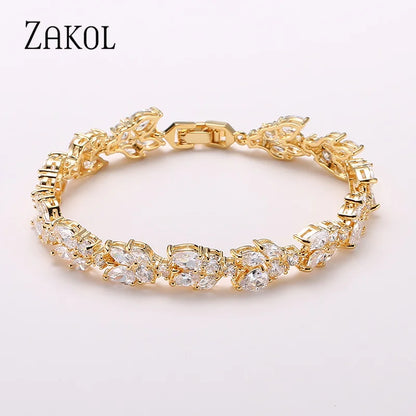 ZAKOL Fashion Cubic Zirconia Leaf Bracelets Bangles for Women Fashion White Plant Bracelet Girl Wedding Party Jewelry