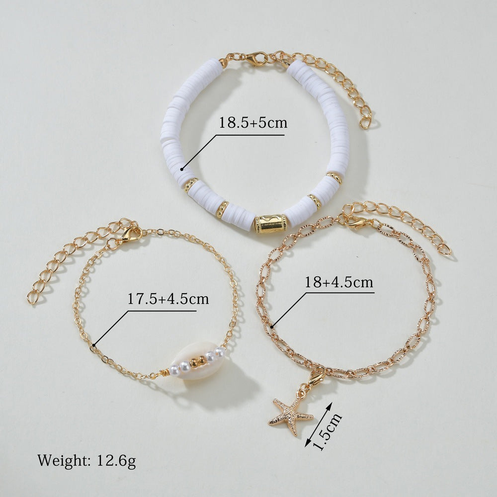 2022 Summer Beach Bohemia Soft Polymer White Beaded Bracelet Women Gold Color Link Chain Starfish Shell Bracelet for Women XY-01