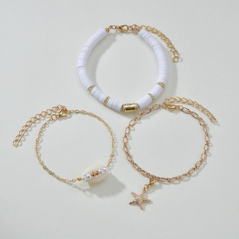 2022 Summer Beach Bohemia Soft Polymer White Beaded Bracelet Women Gold Color Link Chain Starfish Shell Bracelet for Women XY-01