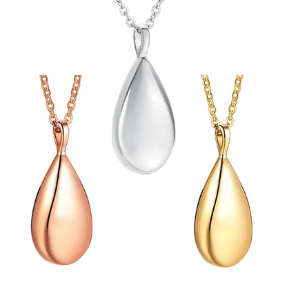 Stainless Steel Waterdrop Cremation Urn Necklace Pendant for Ashes Holder 3 Colors with Sanke Chain