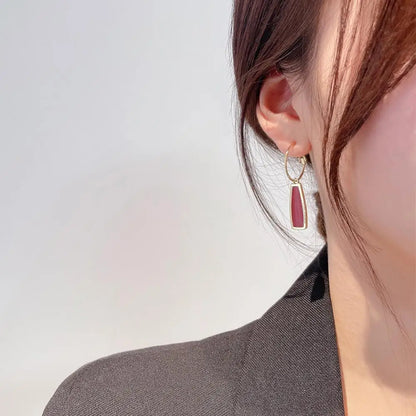 Korean Temperament Metal Texture Retro Style Charm Hoop Eariings For Women Girl Enamel Geometric Red Water Drop Shape Earrings